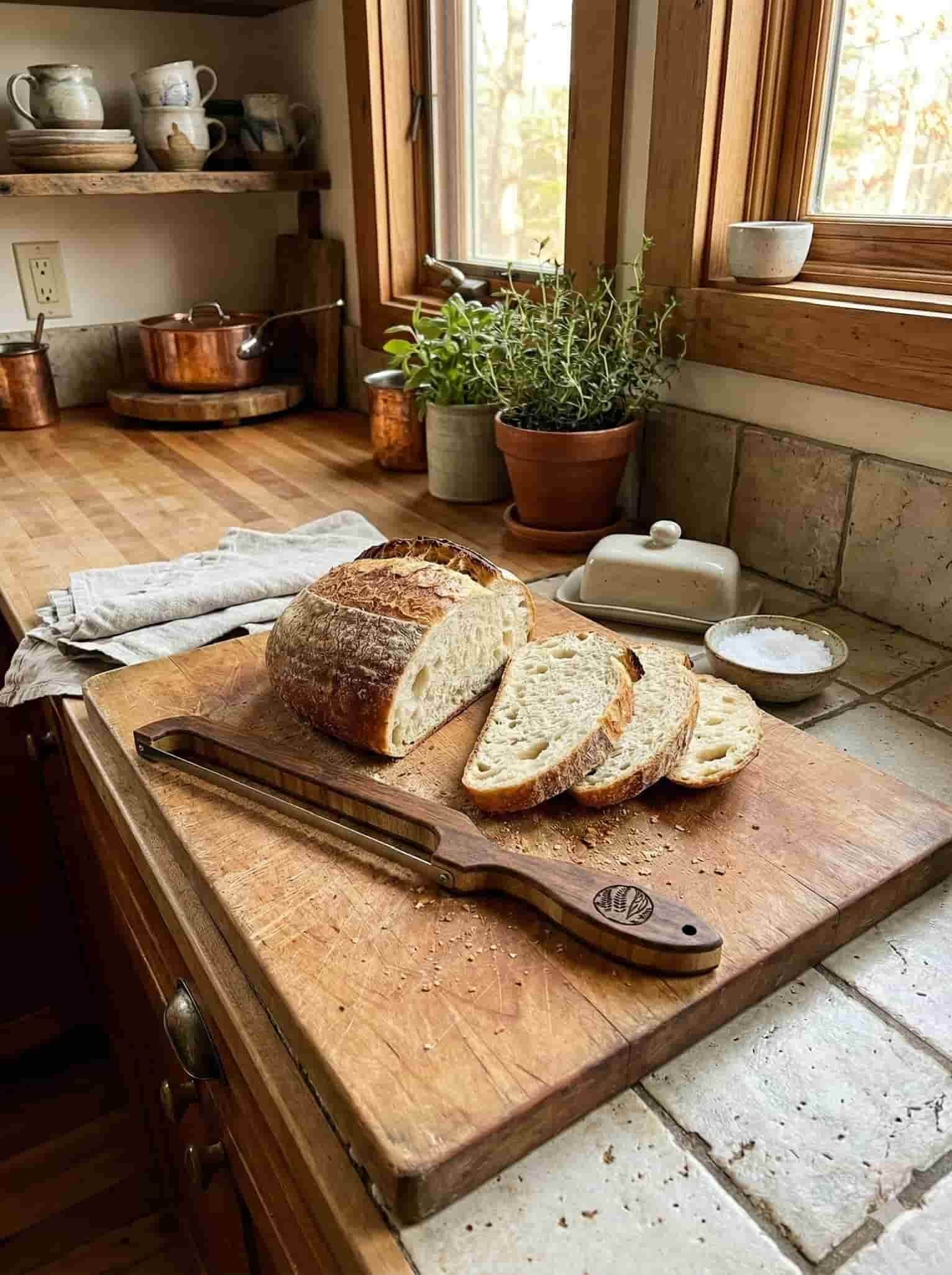 Busy Baker bread knife and bread on a wooden cutting board in a rustic kitchen.