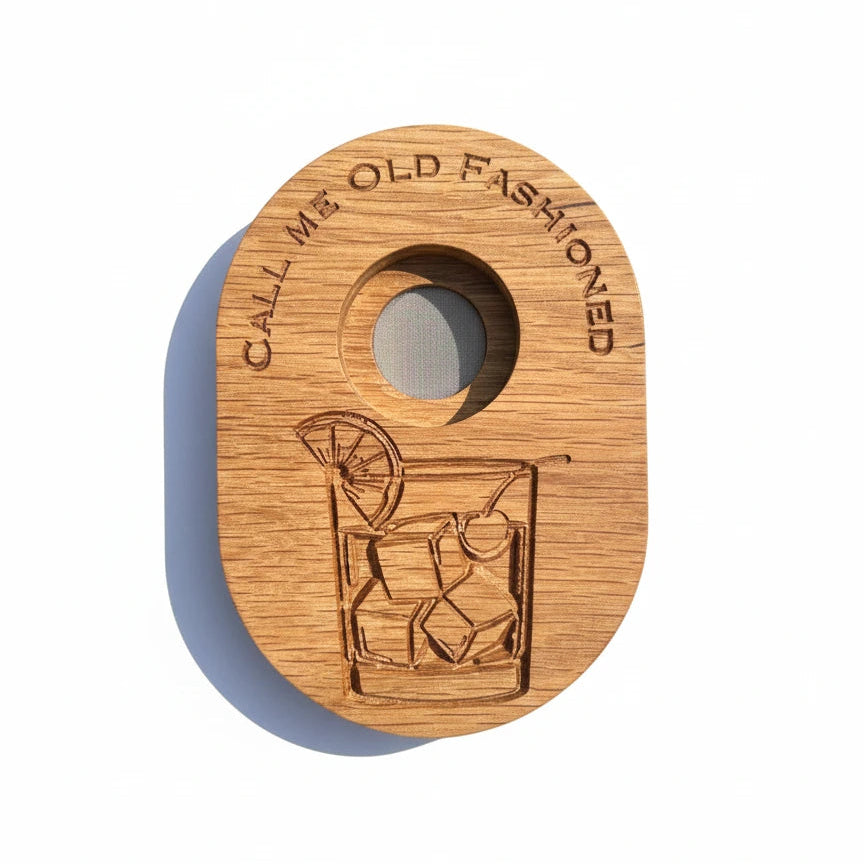 White oak whiskey smoker with "Call Me Old Fashioned" engraved on the top and an old fashioned drink engraved on the bottom. Against a white background.