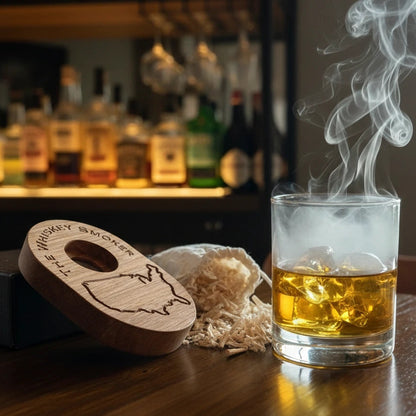 Glass of whiskey with smoke, wooden whiskey smoker, and bottles in the background