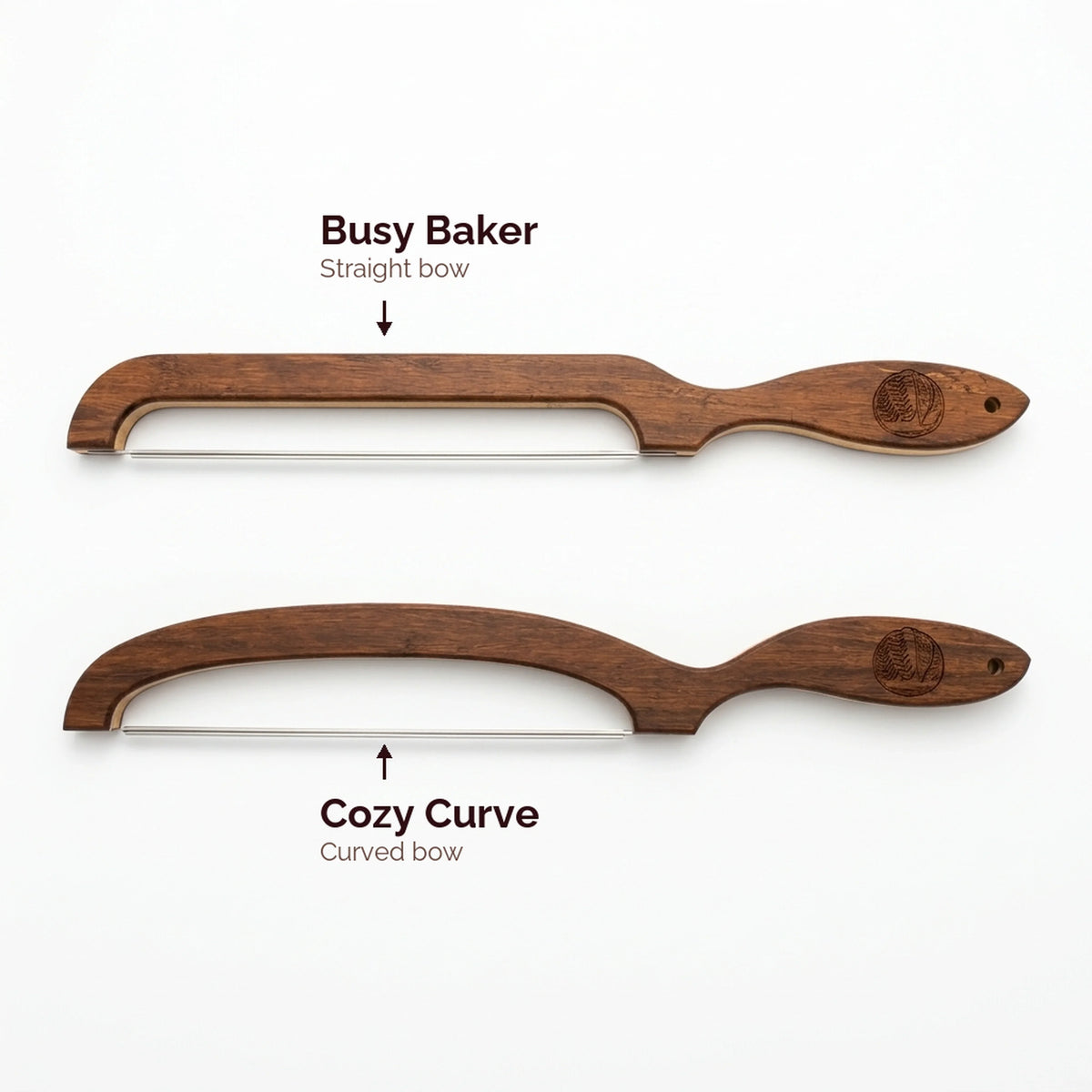 Two handmade sourdough bread knives compared: the straight-bow Busy Baker and the curved-bow Cozy Curve.