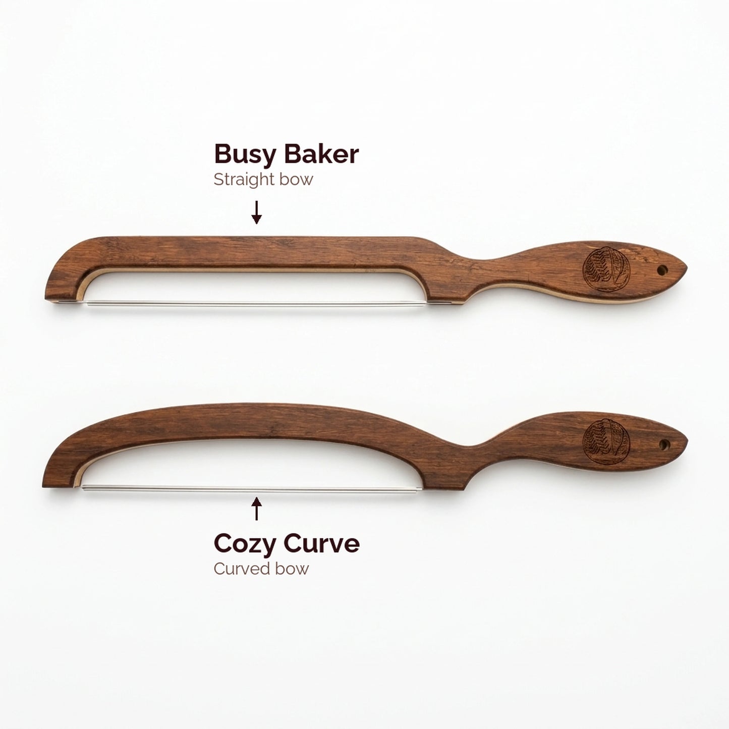 Two handmade sourdough bread knives compared: the straight-bow Busy Baker and the curved-bow Cozy Curve.