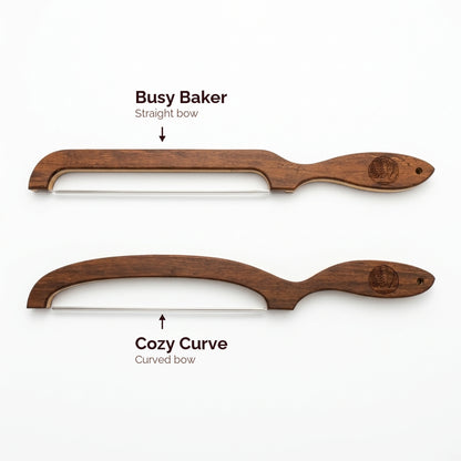 Two handmade sourdough bread knives compared: the straight-bow Busy Baker and the curved-bow Cozy Curve.